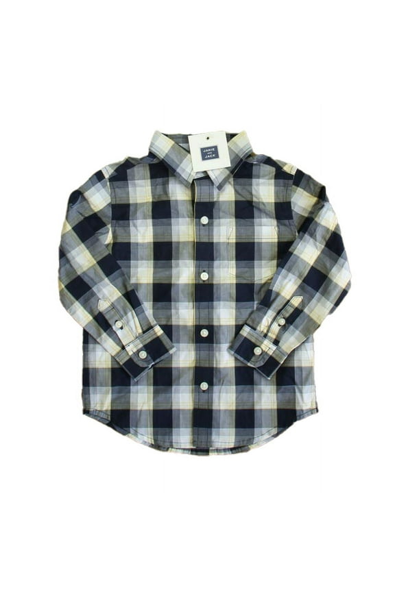 Pre-Owned Janie and Jack Boys Navy | Yellow Plaid Button Down Long Sleeve size: 18-24 Months (New with Tags)