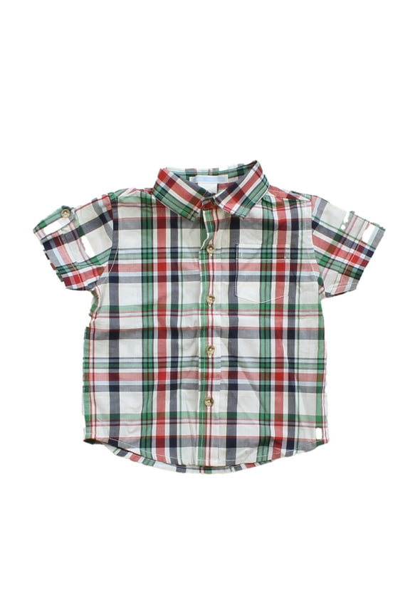Pre-owned: Janie and Jack Boys White | Red | Green | Plaid Button Down Short Sleeve size: 3-6 Months (Excellent)