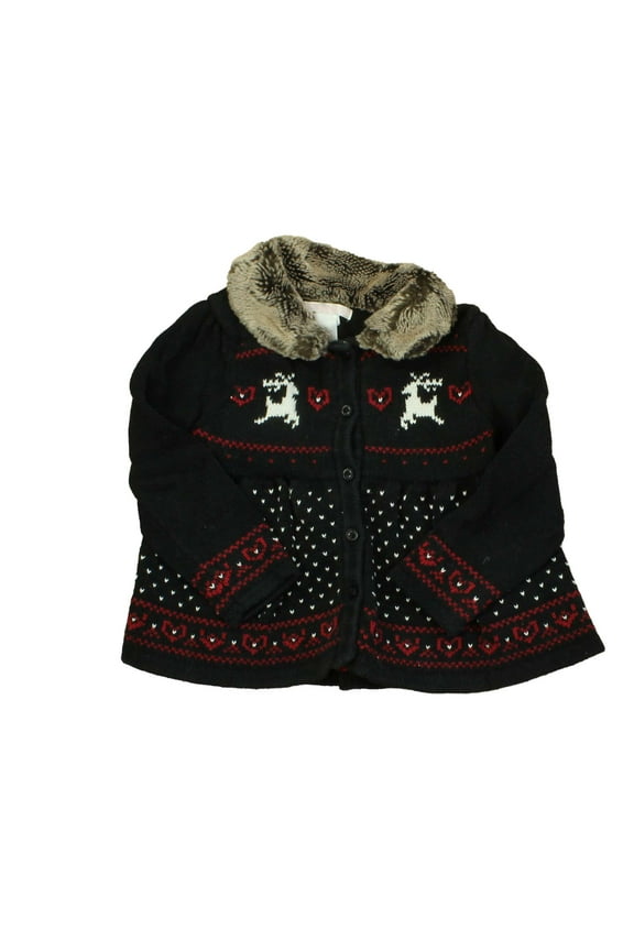 Pre-owned: Janie and Jack Girls Black | Red | White | Faux Fur Collar Cardigan size: 2T (Good)