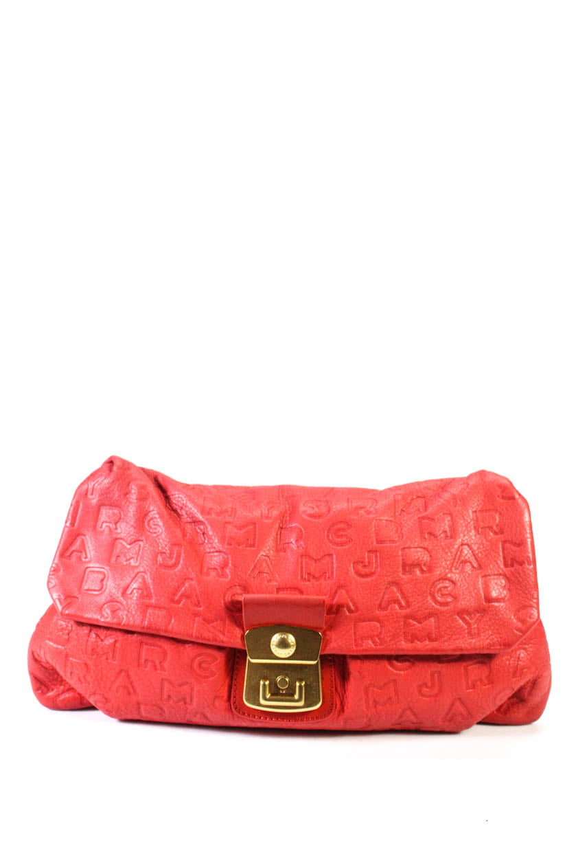 Pre-ownedMarc By Marc Jacobs Crinkled Leather Letter Printed Medium Clutch  Handbag Red 