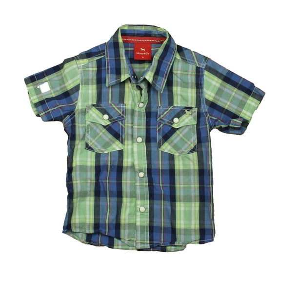 Pre-Owned Mimo & Co. Boys Blue | Green Plaid Button Down Short Sleeve size: 3T (Good)