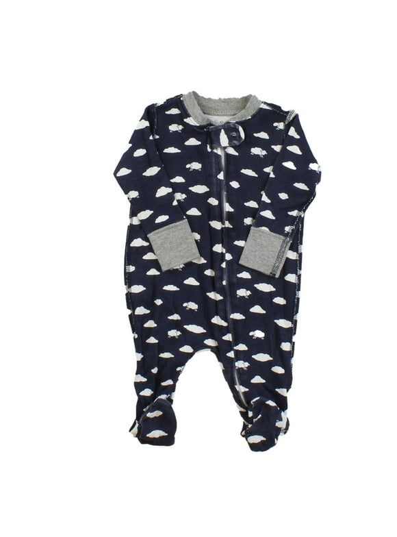 Pre-owned Moon And Back Boys Navy | White Clouds | Sheep 1-piece footed Pajamas size: 0-3 Months