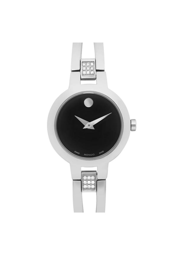 Pre-Owned Movado Amorosa 24mm Steel Black Dial Quartz Lady Watch 0607154 (Good)