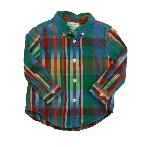 Pre-Owned Ralph Lauren Boys Green | Blue | Red Stripe Button Down Long Sleeve size: 12 Months (Good)