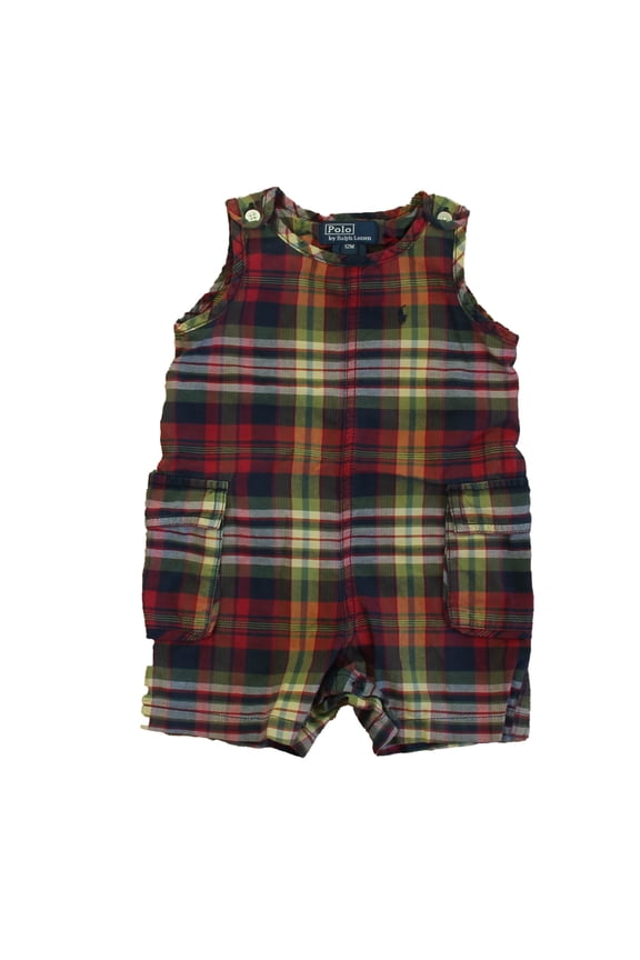 Pre-Owned Ralph Lauren Boys Red | Green Plaid Romper size: 12 Months (Good)