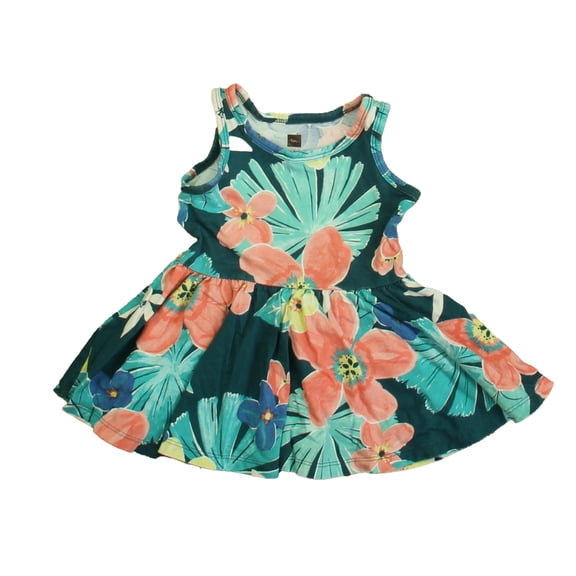 Pre-Owned Tea Girls Teal | Pink Floral Dress size: 9-12 Months (Good)