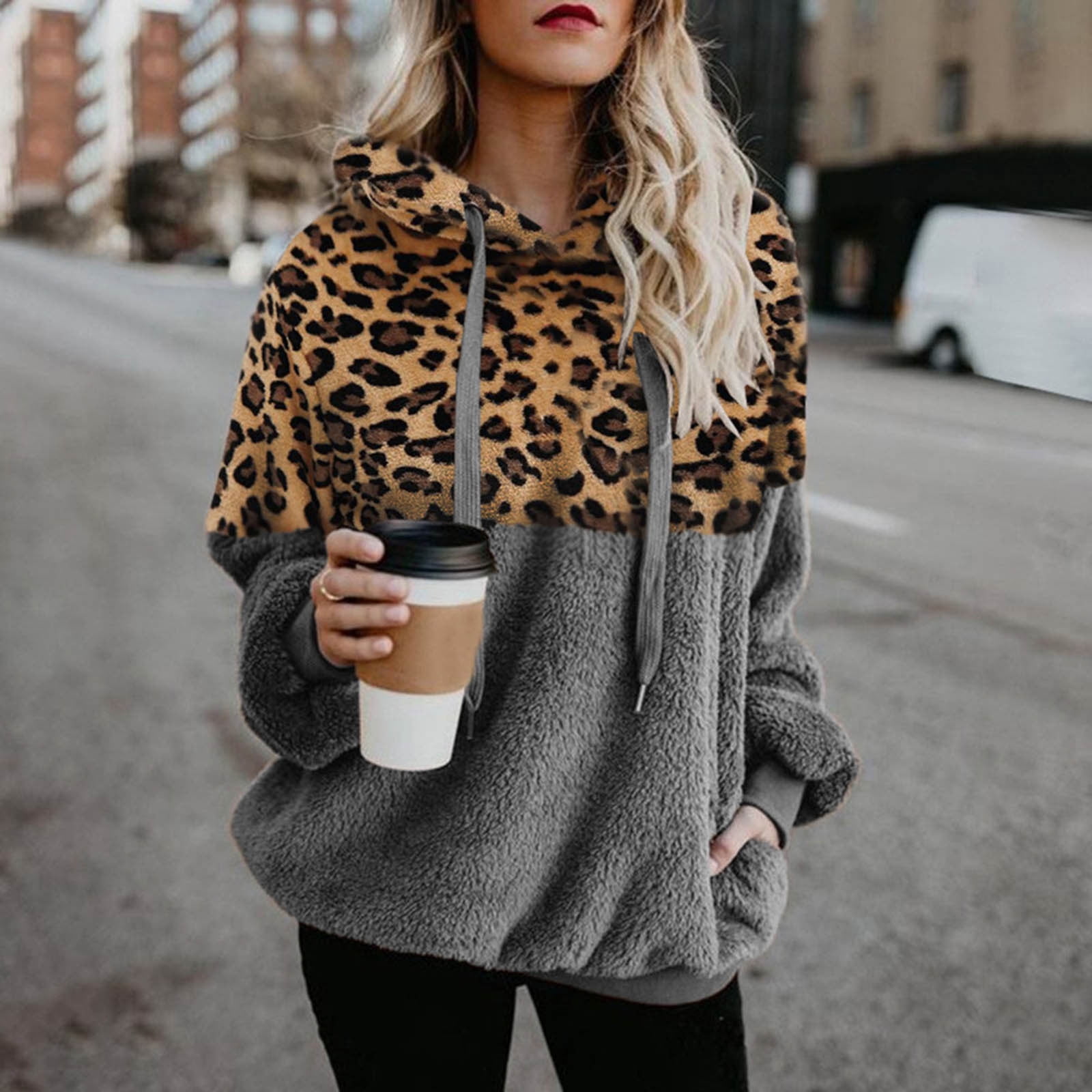 Pre-Owned sebulube Women Hooded Sweatshirt Coat Winter Warm Wool Leopard Pocket Cotton Coat Outwear