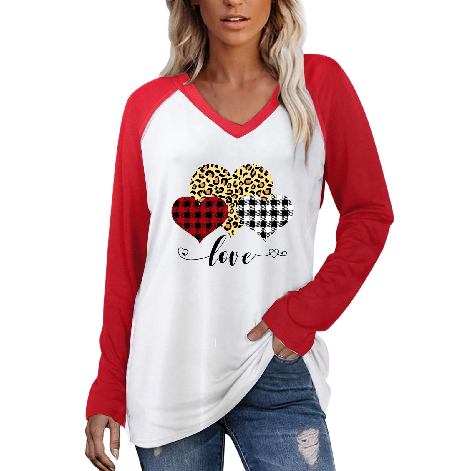 Pre-Owned sebulube Women Valentine's Day Shirt Love Heart Print Graphic Tees Long Sleeve V Neck Tops Color Matching T Shirt Blouse