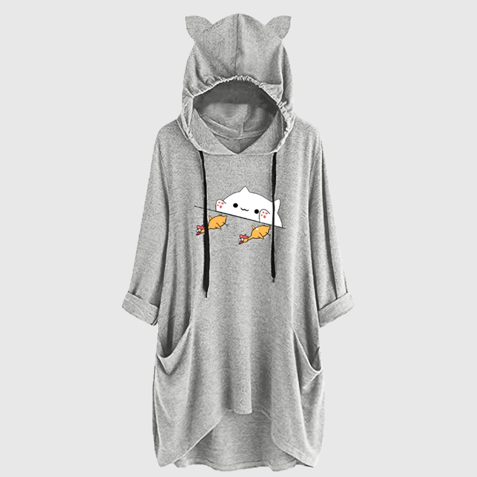 Pre-Owned sebulube Women's Ear Hat Mid-length Blouse Mid-sleeve Cute Printed Hooded Loose Top