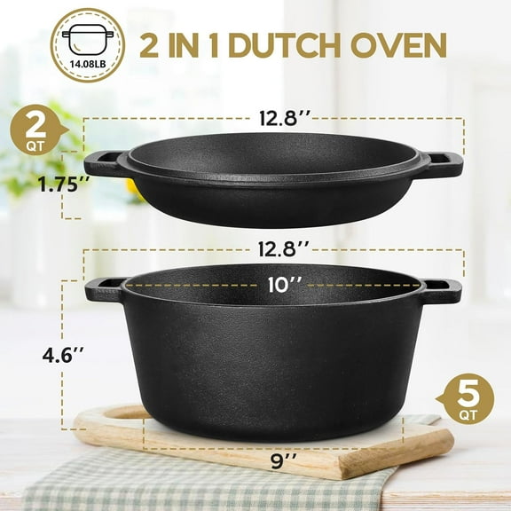 Pre-season Cast Iron Dutch Oven with Skillet Lid, 2-in-1 Cast Iron Bread Pan Skillet Cookware with Dual Handles for Bread Baking, Frying, Camping, 5QT