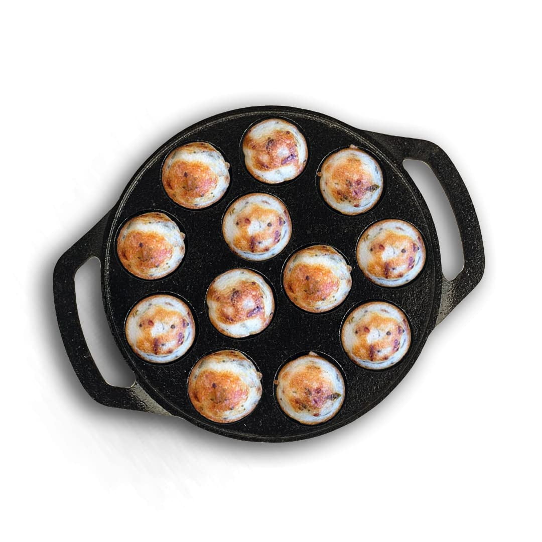 Pre-seasoned Black Cast Iron Paniyaram Pan With Loop Handle | 12 Pits ...