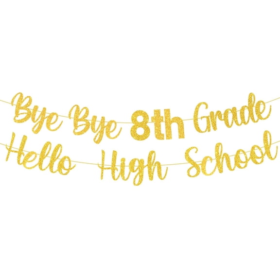 Pre-strung 8th Grade Graduation Decorations Bye Bye 8th Grade Hello High School Banner Glitter Eighth Grade Promotion Decorations Graduation Party Supplies(Golden)