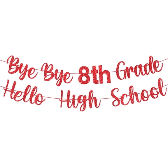 Pre-strung 8th Grade Graduation Decorations Bye Bye 8th Grade Hello High School Banner Glitter Eighth Grade Promotion Decorations Graduation Party Supplies(Red)