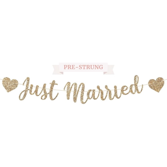 Pre-strung Just Married Banner - No DIY - Gold Glitter Wedding Party Banner in Script - Pre-strung Garland on 6 ft Strand - Gold Wedding Reception Party Decorations & Decor. Did We Mention No DIY