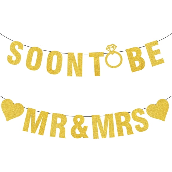Pre-strung Soon to Be Mr & Mrs Gold Glitter Banner Sign Garland for Bridal Shower Wedding Engagement Joint Bachelor Bachelorette Party Decorations