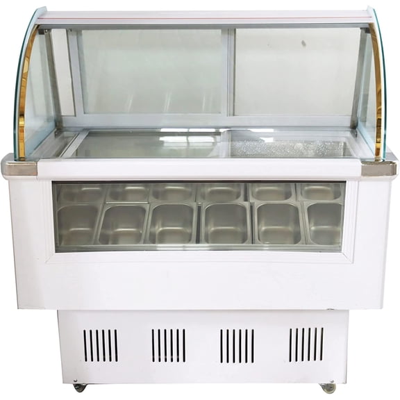 PreAsion 12 Pan Ice Cream Showcase Ice Cream Frozen Display Case Dessert Display Case with LED Light 220V 215W 170L White