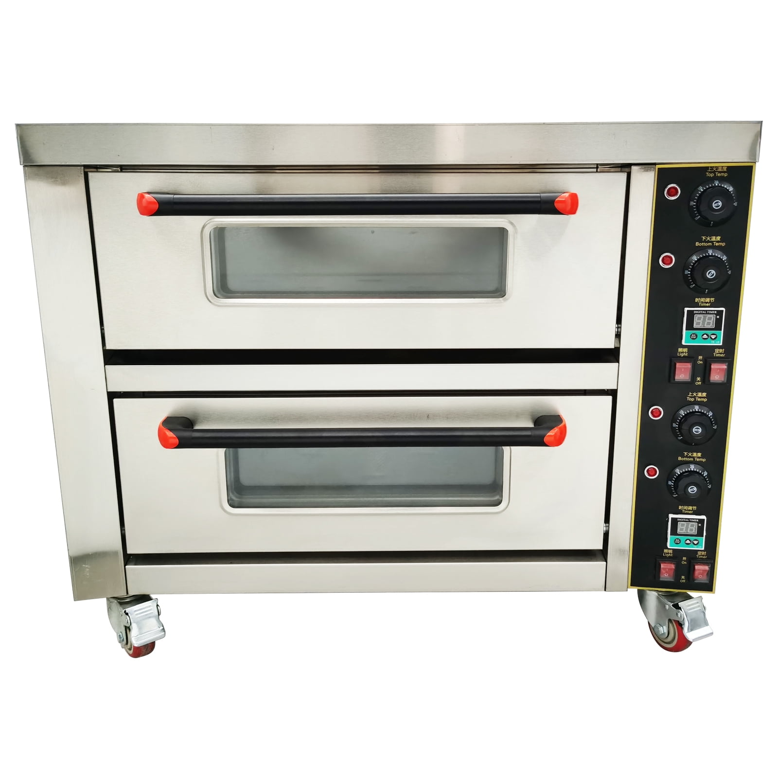 Commercial Double Deck Electric Pizza Oven with Wheels Dual Independent Temperature Control 220V 6.4 KW
