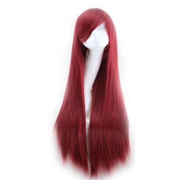 PreAsion 31.5inch Wine Red Long Straight Wig Hair Side Bangs 150% Density (Lace Front)