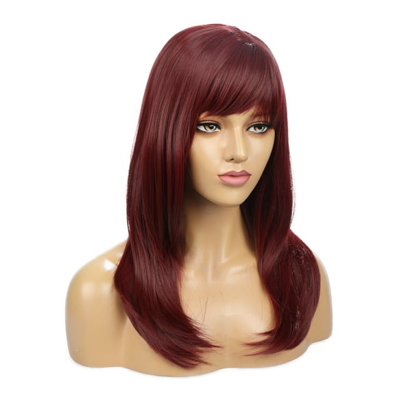 PreAsion 55cm/21.65inch Heat Resistant Fiber Wigs Hair with Bangs for Women Wine Red 150% Density