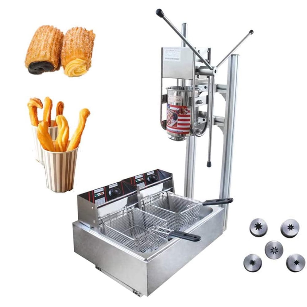 PreAsion 5L Vertical Manual Churrera Churros Maker Machine with 12L Fryer Tank Stainless Steel 220V