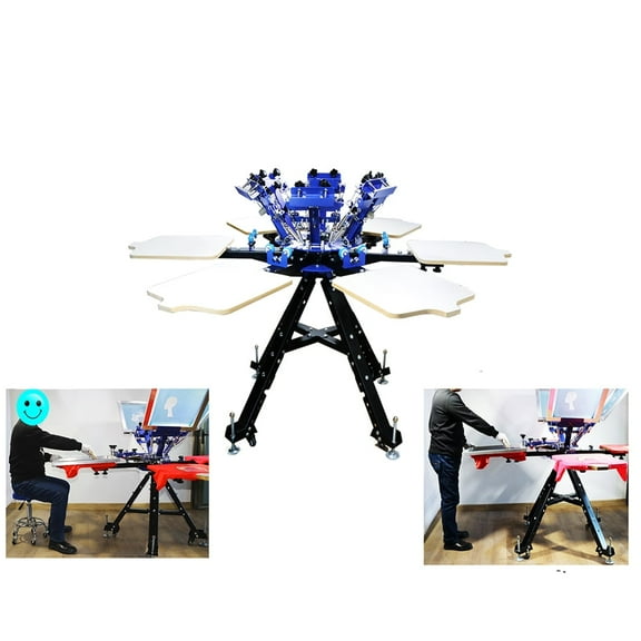 PreAsion 6 Color 6 Station Double Rotating Screen Printing Press Desktop Floor Dual Use Micro Registration T-Shirt Printing Machine