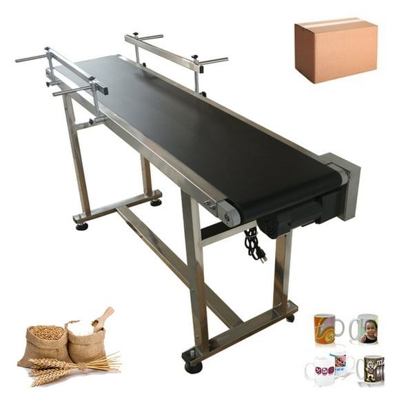 PreAsion Conveyor With Double Guardrail 59*11.8" Black PVC Belt Conveyor Industrial Conveyor System