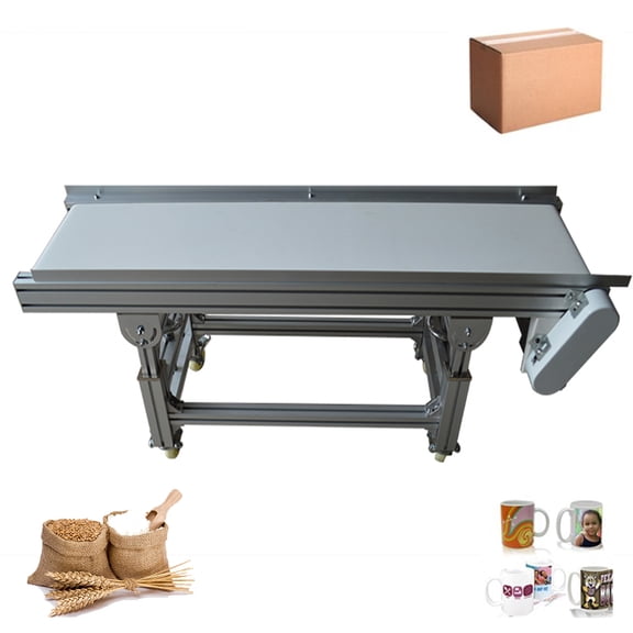 PreAsion Conveyor with Double Guardrail 59*11.8" White PVC Belt Conveyor Industrial Conveyor System Power Slider Bed