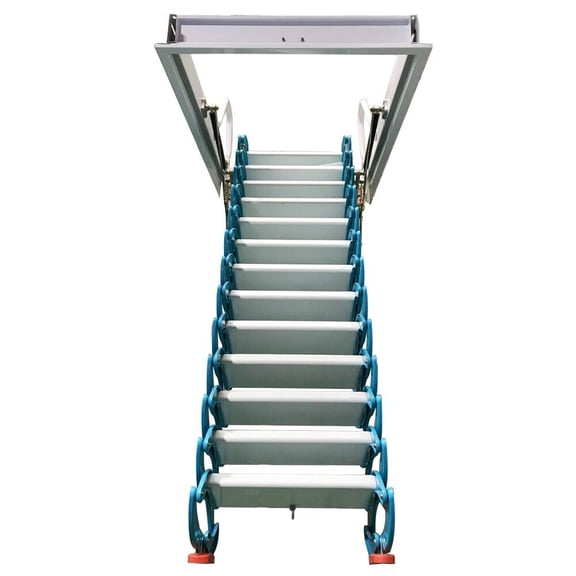 PreAsion Hidden Telescopic Folding Ladder Attic Pull Down Ceiling Ladder Stairs 13 Steps Al-Mg Alloy Blue + White
