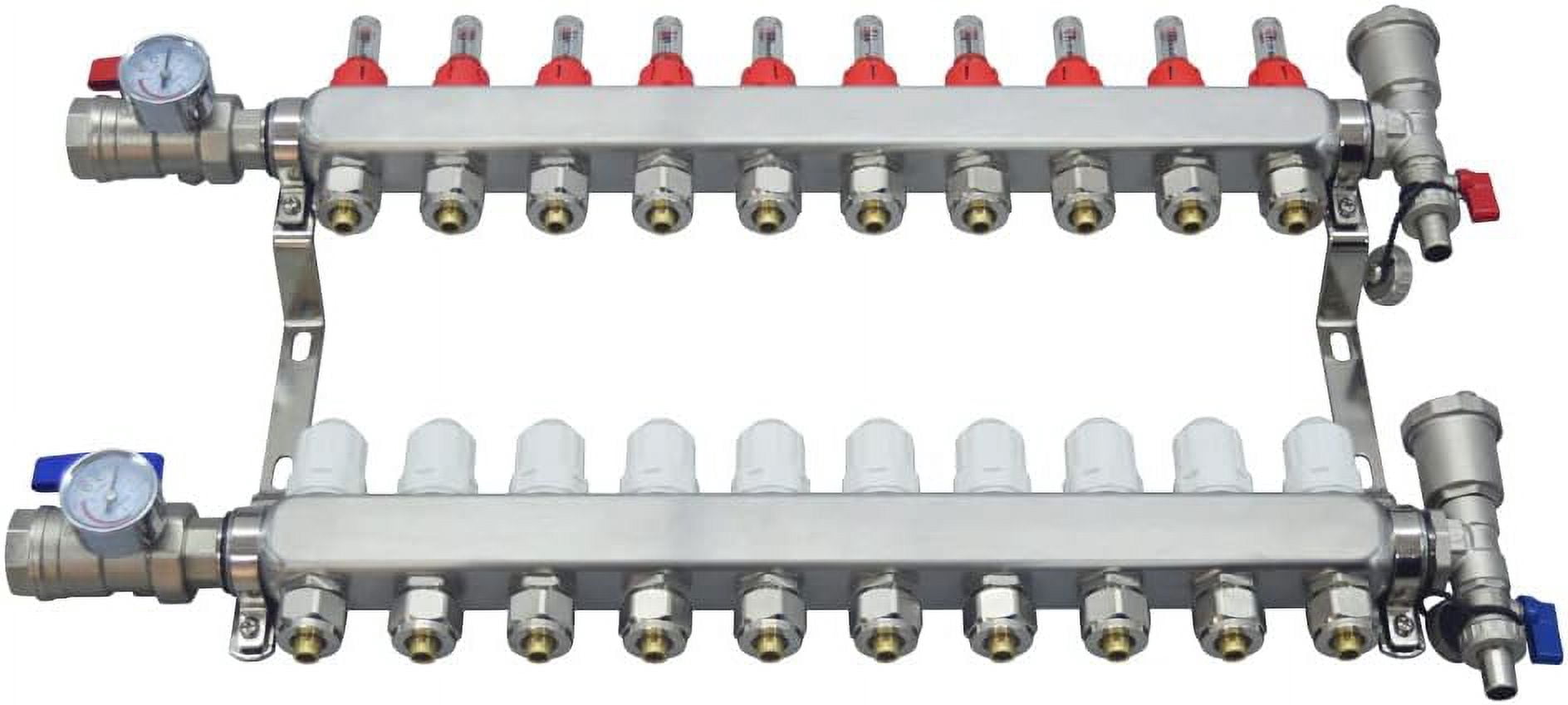 PreAsion Stainless Steel 10-Branch PEX Radiant Floor Heating Manifold Set with Flow Meters 2-12 Loop