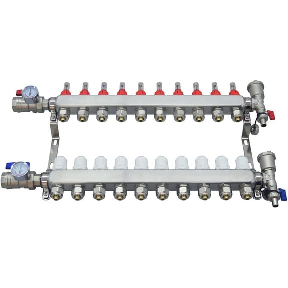 PreAsion Stainless Steel 10-Branch PEX Radiant Floor Heating Manifold Set with Flow Meters 2-12 Loop