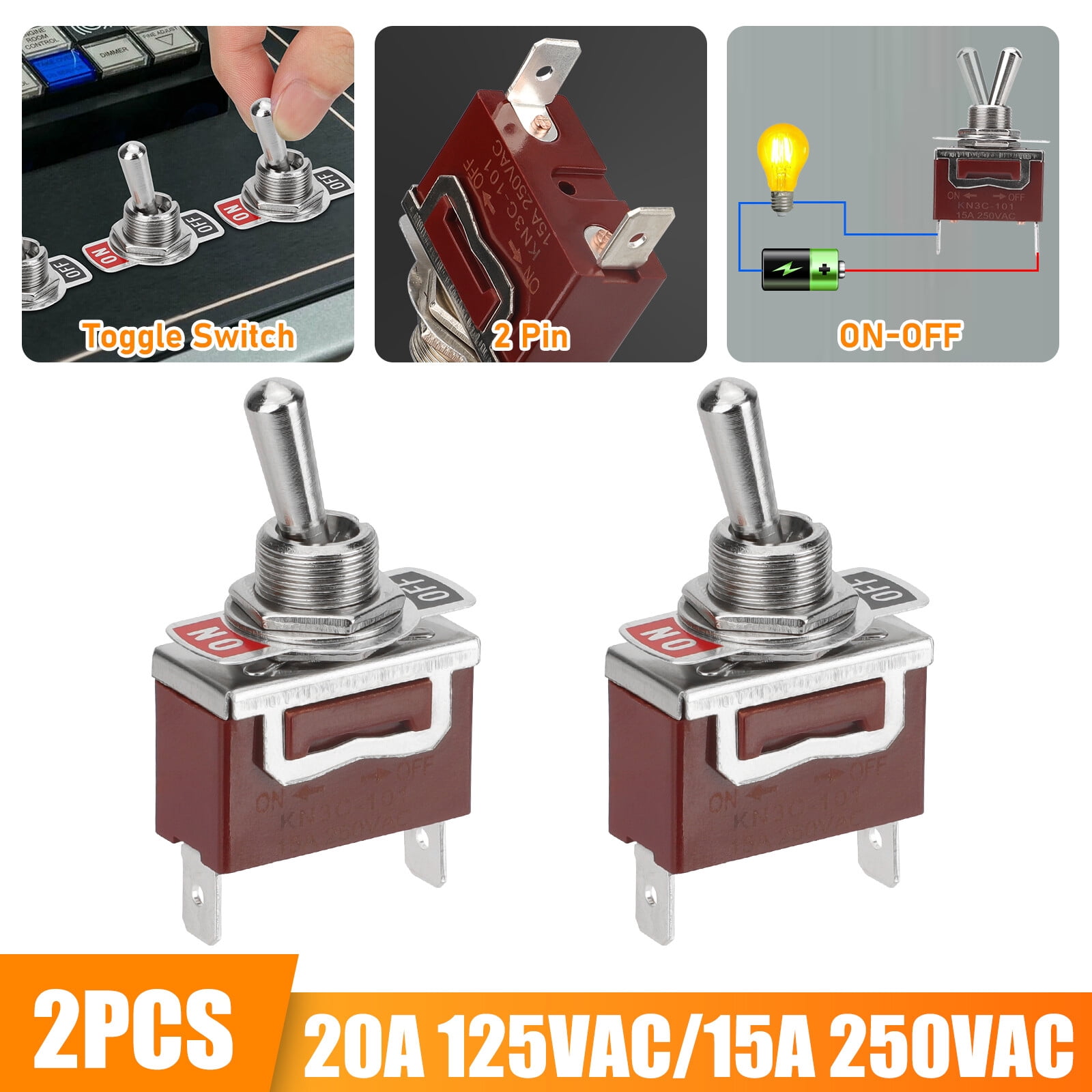 PrePat 2PCS Heavy Duty Toggle Switch ON/OFF 2 Terminal Car Boat SPST ...