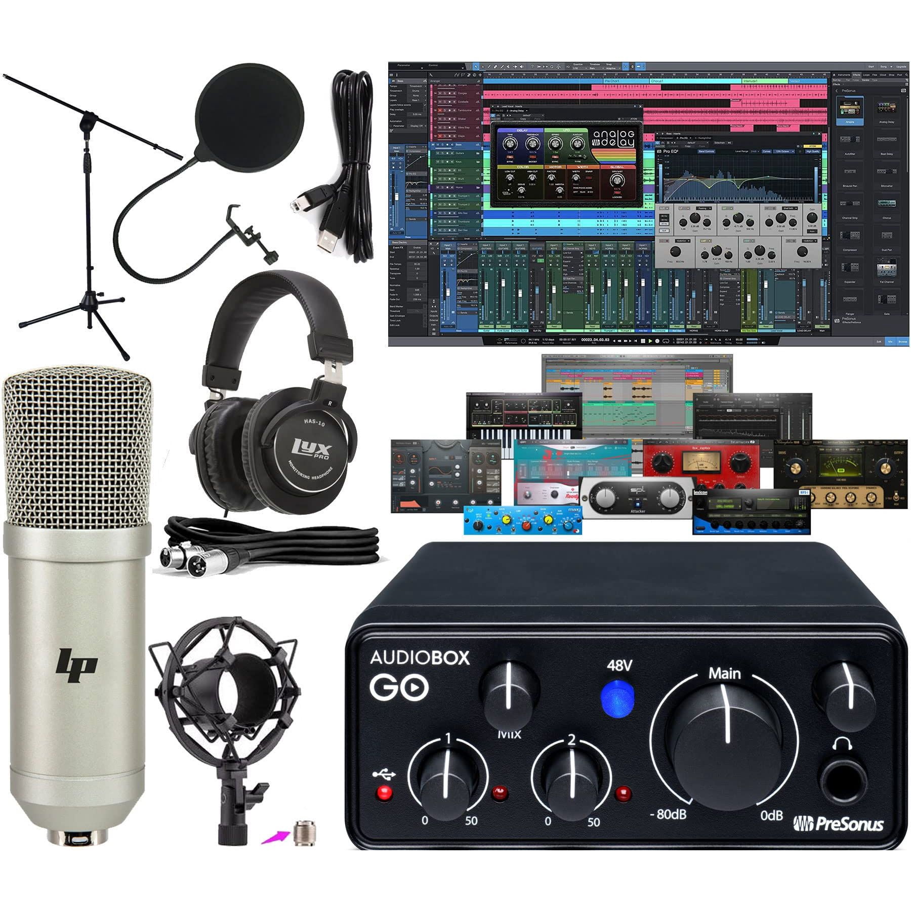PreSonus AudioBox GO USB-C Recording Bundle – Interface, Condenser Mic, Headphones & Software