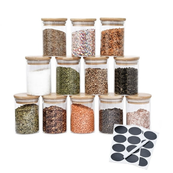 PreZervers 12 Borosilicate Glass Jar - Air Tight Food Safe Storage - Bamboo Lid with 7 fl oz Glass Jar - 176 Minimalist Spice Label Set