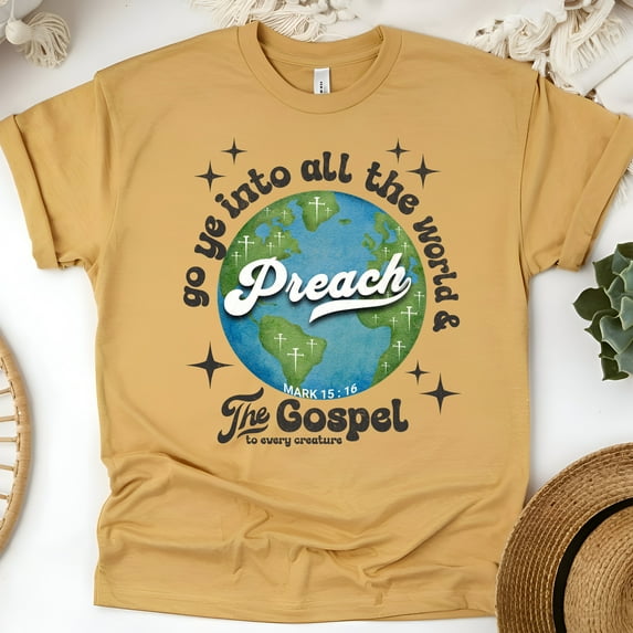 Preach the Gospel Shirt – Mark 16:15 Christian Evangelism Earth Graphic Tee, Gold, Size S