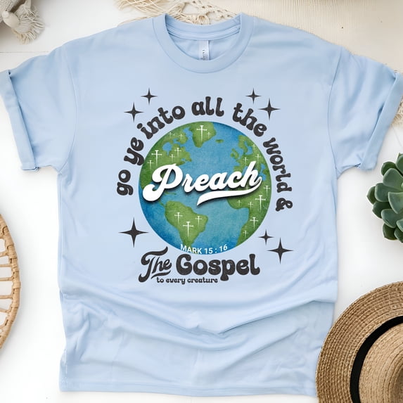 Preach the Gospel Shirt – Mark 16:15 Christian Evangelism Earth Graphic Tee, Light Blue, Size L