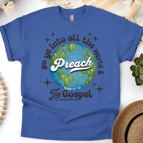Preach the Gospel Shirt – Mark 16:15 Christian Evangelism Earth Graphic Tee, Royal, Size L
