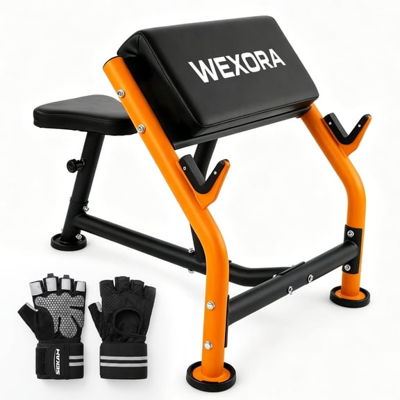 Preacher Curl Bench, Adjustable Arm Curl Workout Bench with 7-Level Seat, 3.1 in Thick Pad, U-Shaped Bar Holders, Heavy Duty Home Gym Strength Training Bench, Orange/Black