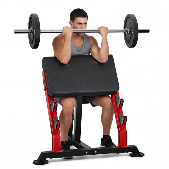 Preacher Curl Bench, Bicep Curl Machine with 70 LBS and Olympic Barbell, Tricep Workout Equipment for Home Gym