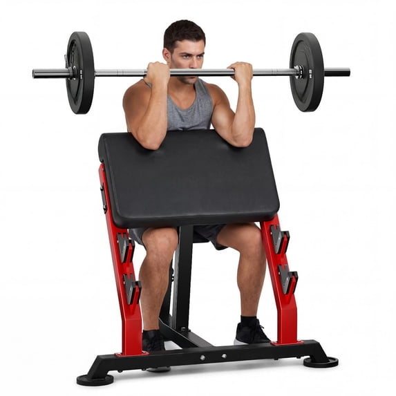 Preacher Curl Bench, Bicep Curl Machine with 70 LBS and Olympic Barbell, Tricep Workout Equipment for Home Gym