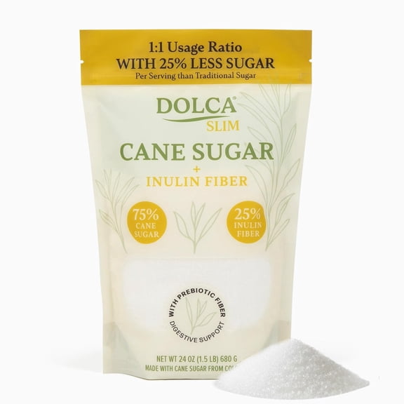 Prebiotic Cane Sugar  Dolca Slim with Inulin Fiber  25% Less Sugar, Same Taste and Texture - Sweetness for Coffee, Tea & Baking  Bakes, Browns & Measures 1:1  No Artificial Sweeteners