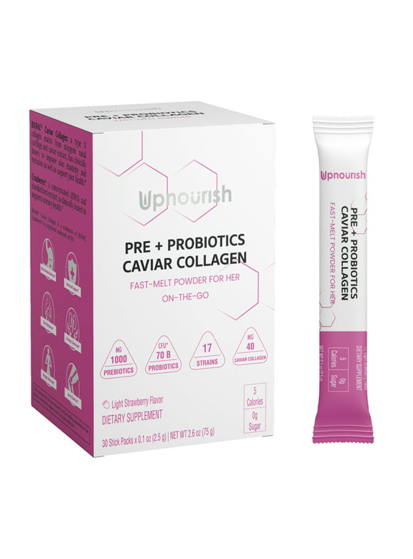 Prebiotics and Probiotics for Women 70 Billion CFU with Caviar Collagen Powder Packets, Daily Cranberry Mannose Gut Health Supplements for Women Support Immune, Feminine, Skin, Joint Health, 30 sticks