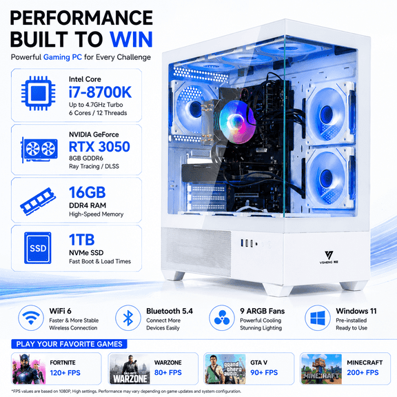 Prebuilt Gaming PC Desktop – Core i7-8700K, RTX 3050, 16GB DDR4 RAM, 1TB SSD, Wifi 6, BT 5.4, Windows 11, 9 ARGB Fans, RGB Gaming Computer for Fortnite, Warzone, GTA V & Minecraft