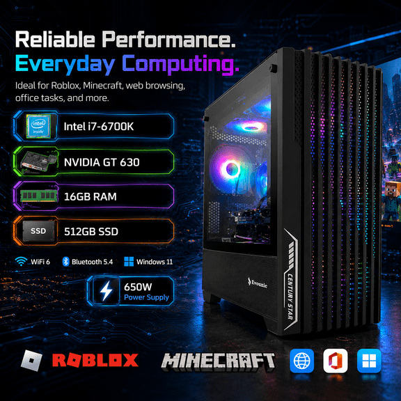 Prebuilt Gaming PC Desktop I7-6700K,GT630,16GB RAM, 512GB SSD, WiFi 6 Bluetooth5.4 Win11, 650W,Computer for Roblox, Minecraft, Web Browsing & Office