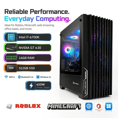 Prebuilt Gaming PC Desktop –I7-6700K,GT630,16GB RAM, 512GB SSD, WiFi 6 Bluetooth5.4 Win11, 650W,Computer for Roblox, Minecraft, Web Browsing & Office
