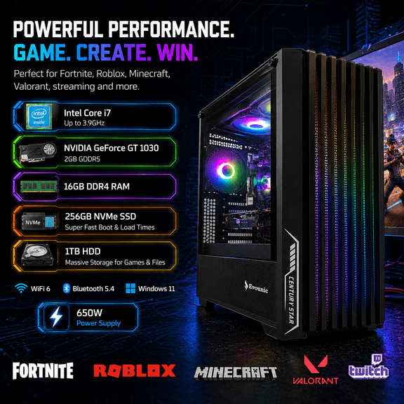 Prebuilt Gaming PC Desktop, i7 GT1030,16GB RAM, 256GB NVMe + 1TB HDD, WiFi 6, Win11, RGB Computer for Fortnite, Roblox, Minecraft, Valorant, Streaming