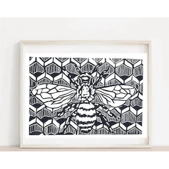 Precious Bumblebee Print Nature Insect Portrait Modern Save The Bees Art Print Linocut Printmaking Print Poster , Poster Print Only