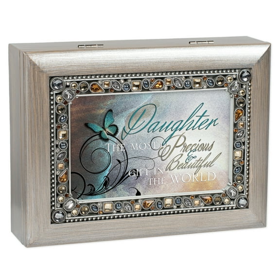 Precious Daughter Brushed Pewter Finish Jeweled Jewelry Music Box Plays You Light Up My Life