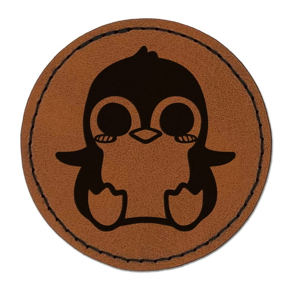 Precious Kawaii Chibi Baby Penguin Sitting 2.5" Faux Leather Round Engraved Iron-On Patch - Brown