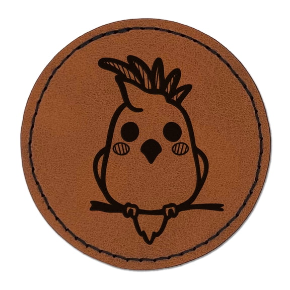Precious Kawaii Chibi Sulphur-Crested Cockatoo 2.5" Faux Leather Round Engraved Iron-On Patch - Brown