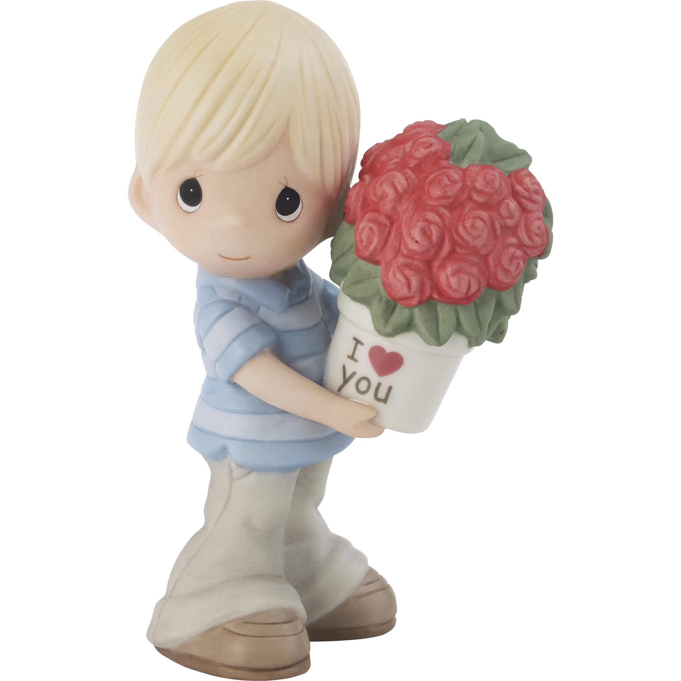 Blonde Boy Valentine's Day Porcelain Figurine with Heart-Shaped Rose Bouquet